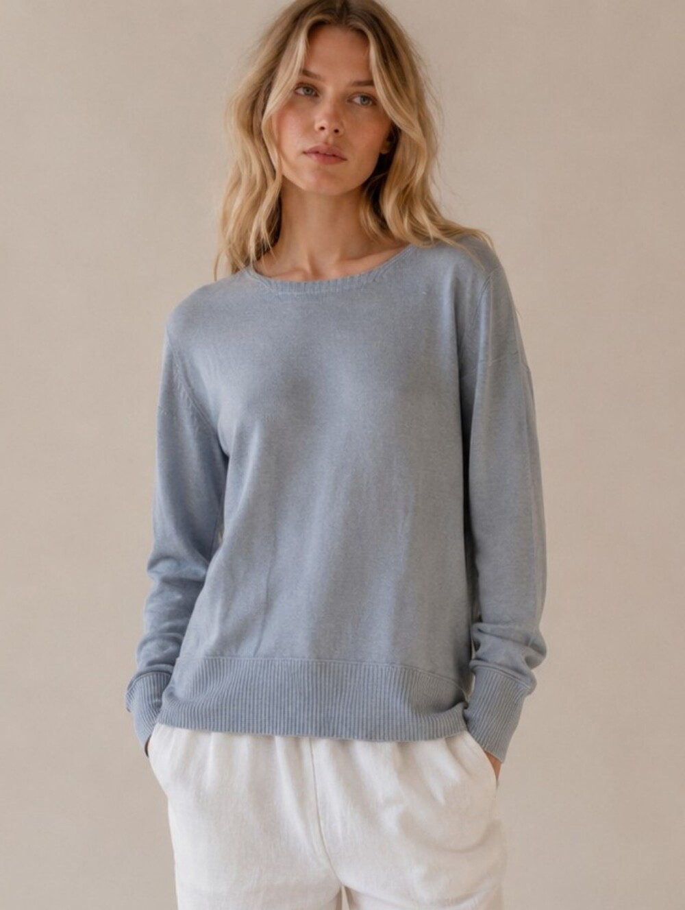 Baby Blue Cashmere Wool knit Sweater Crewneck Relax-fit Clean girl Minimalist
